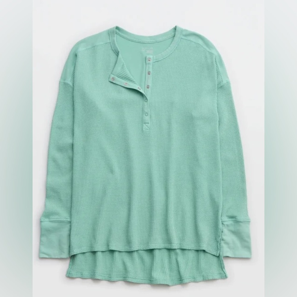 OFFLINE By Aerie Wow! Waffle Henley T-Shirt Retro Jade Color Women’s Mint Top - Picture 4 of 9